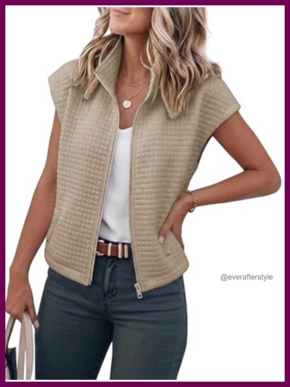Waffle Textured Zip Up Vest Stand Collar Sleeveless Layering